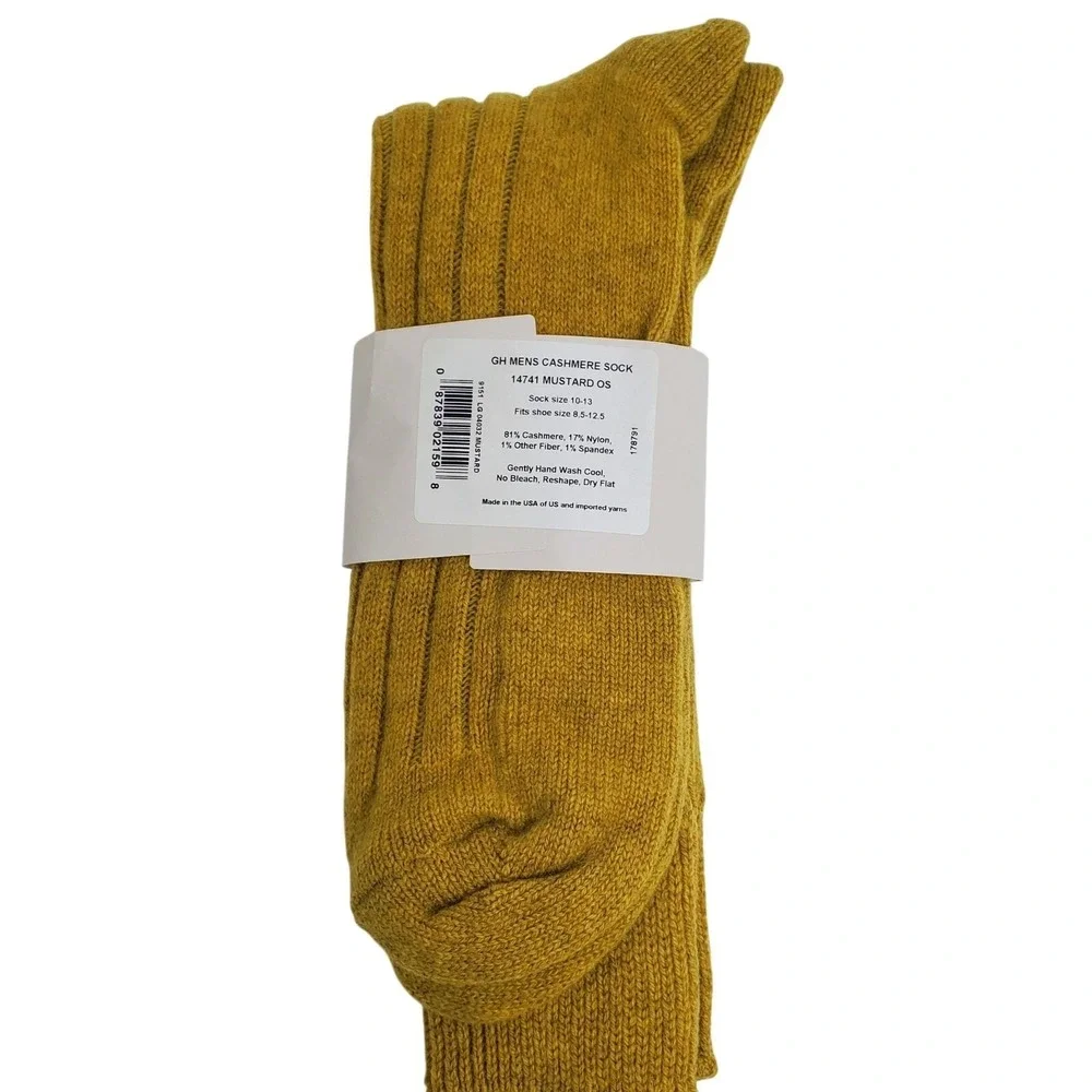 Mustard Gold Cashmere Crew Socks Mens‎ Large Warm Ribbed Pattern Garnet Hill NEW